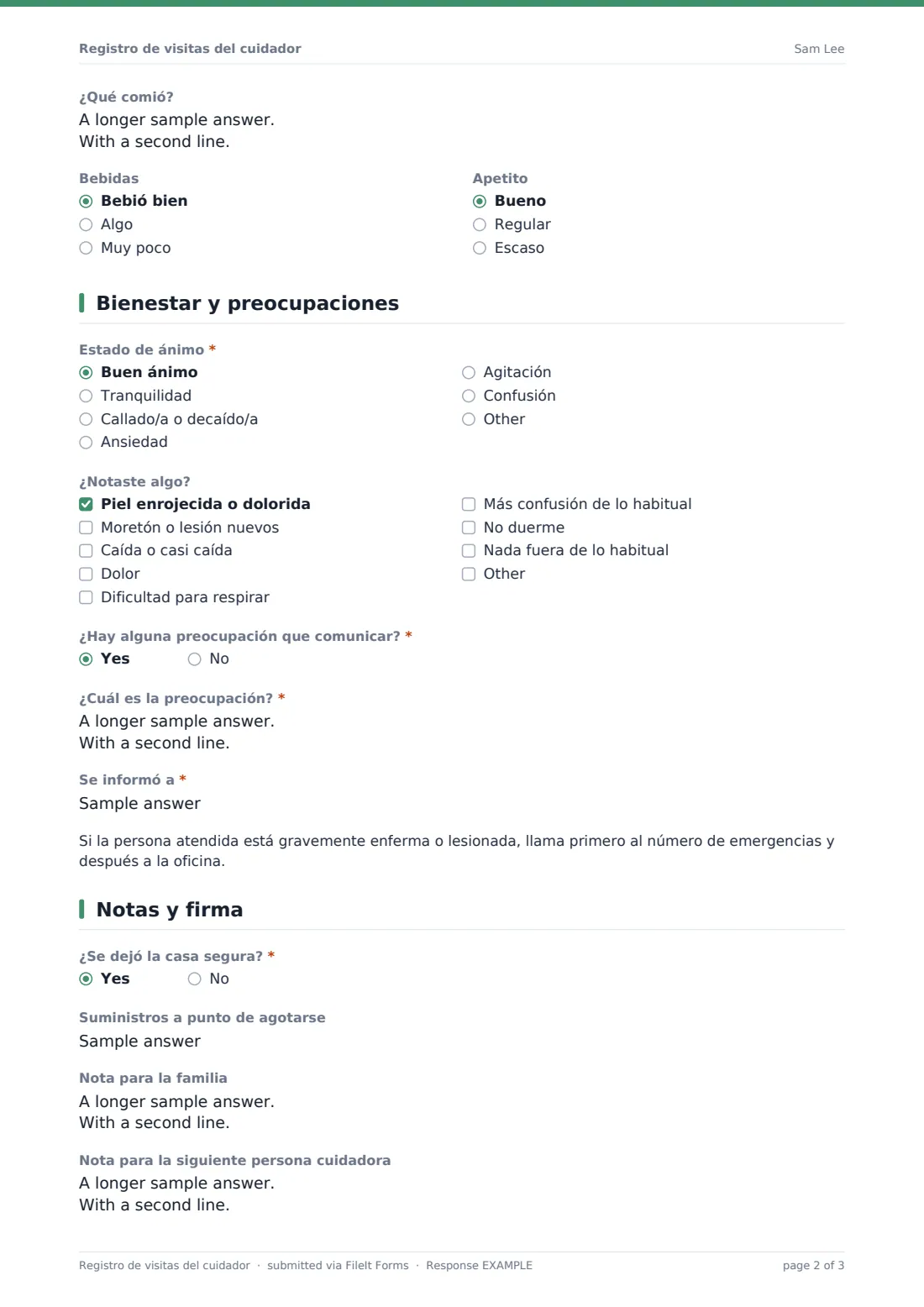 Registro de visitas del cuidador — PDF de respuesta de ejemplo, página 2 de 3