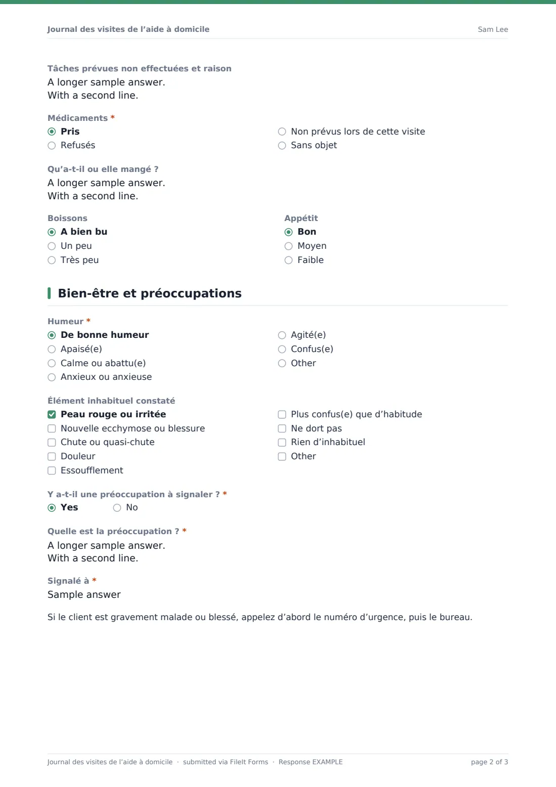 Journal des visites de l’aide à domicile — exemple de réponse au format PDF, page 2 sur 3
