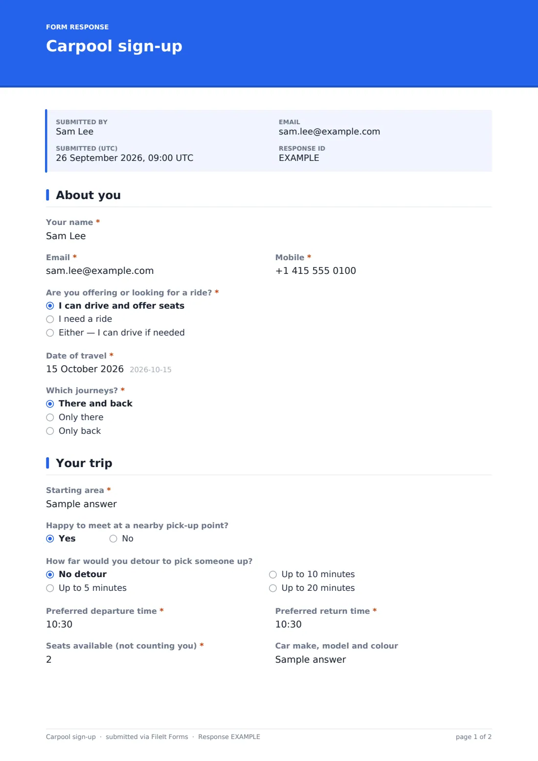 Carpool sign-up — example response PDF, page 1 of 2