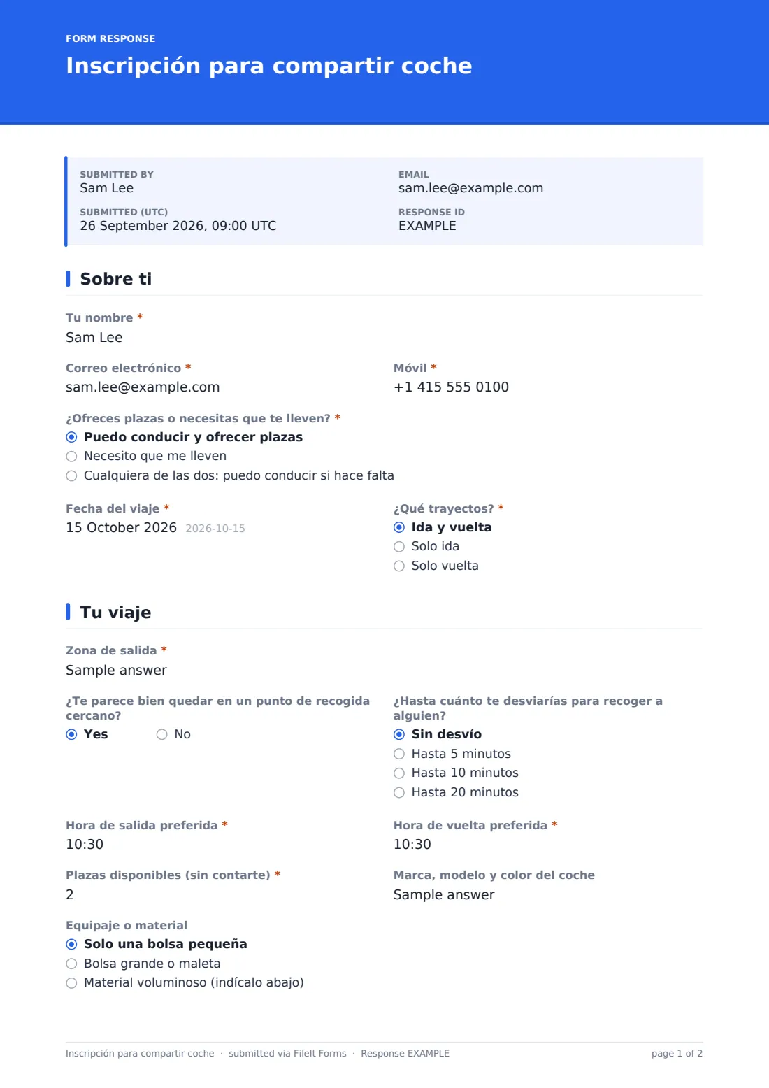 Inscripción para compartir coche — PDF de respuesta de ejemplo, página 1 de 2