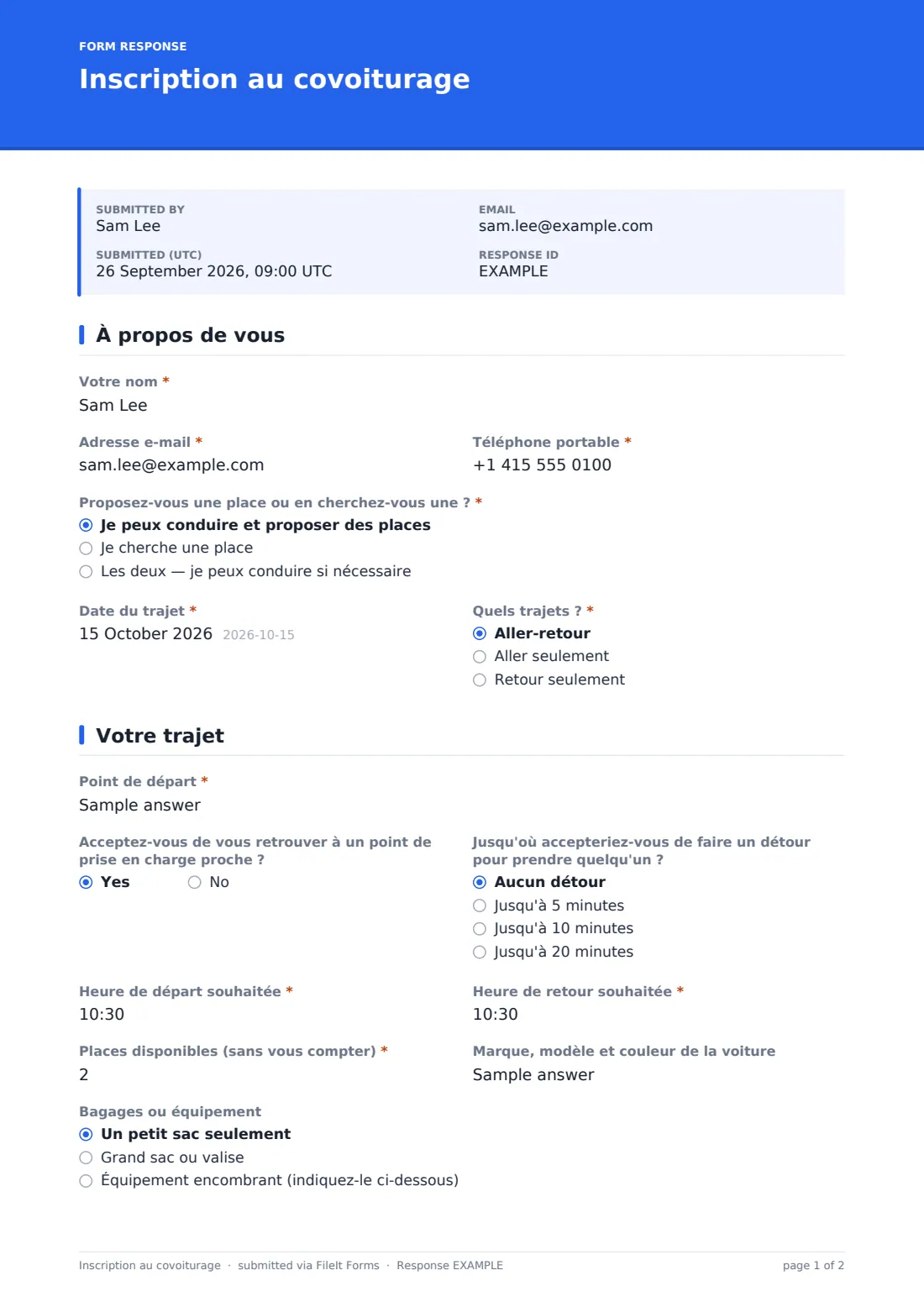 Inscription au covoiturage — exemple de réponse au format PDF, page 1 sur 2