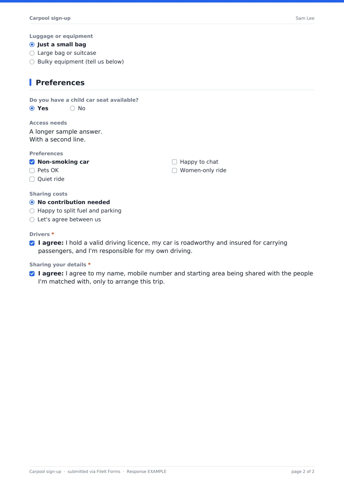 Carpool sign-up — example response PDF, page 2 of 2