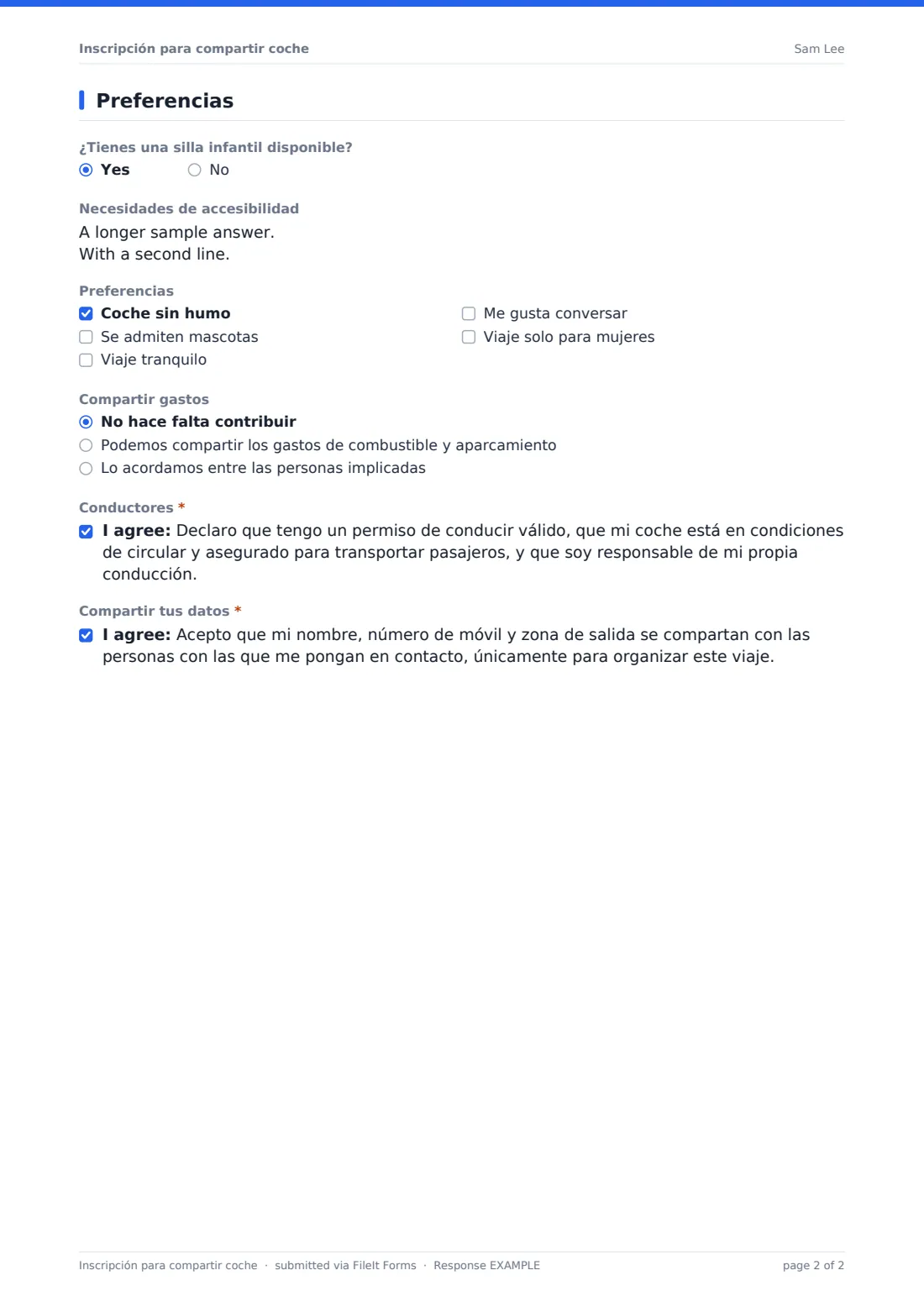 Inscripción para compartir coche — PDF de respuesta de ejemplo, página 2 de 2