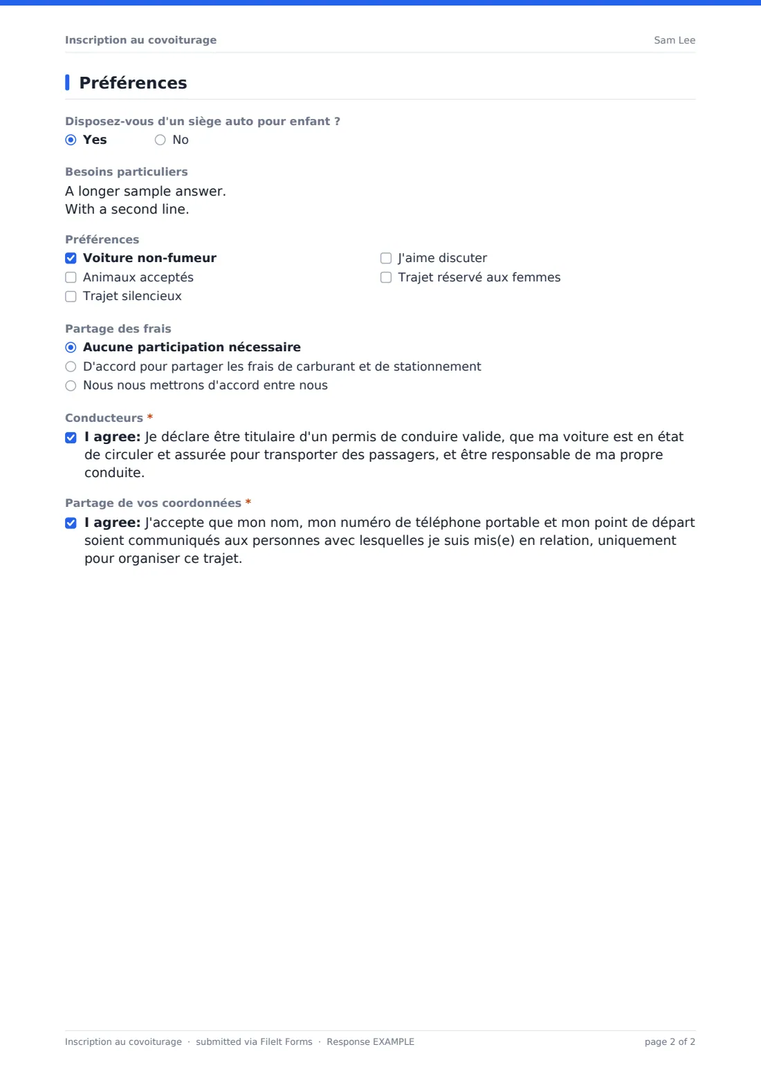 Inscription au covoiturage — exemple de réponse au format PDF, page 2 sur 2