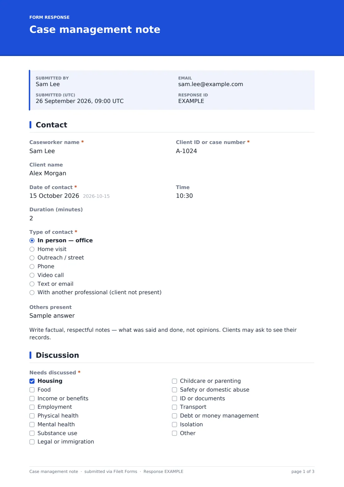 Case management note — example response PDF, page 1 of 3