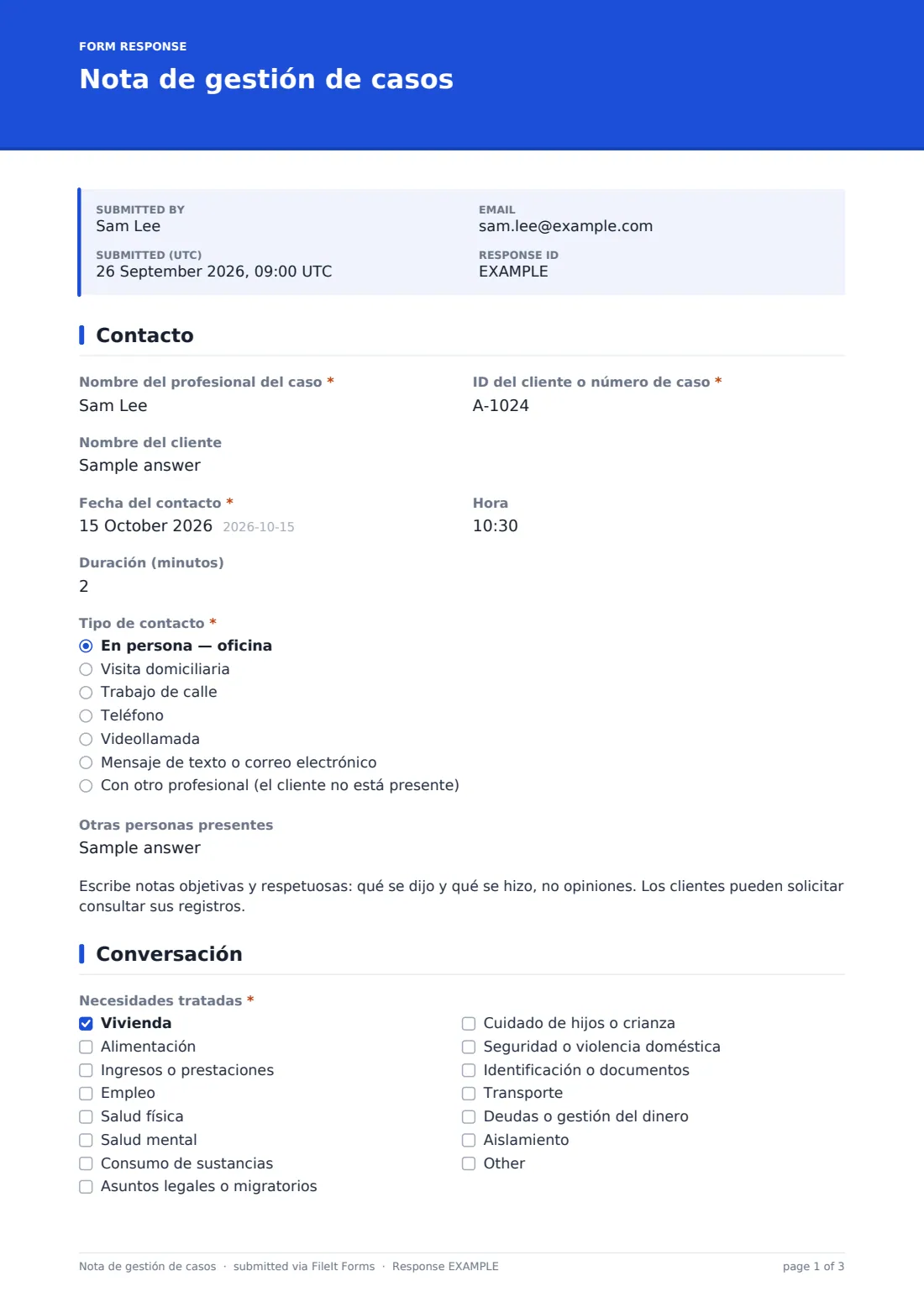 Nota de gestión de casos — PDF de respuesta de ejemplo, página 1 de 3