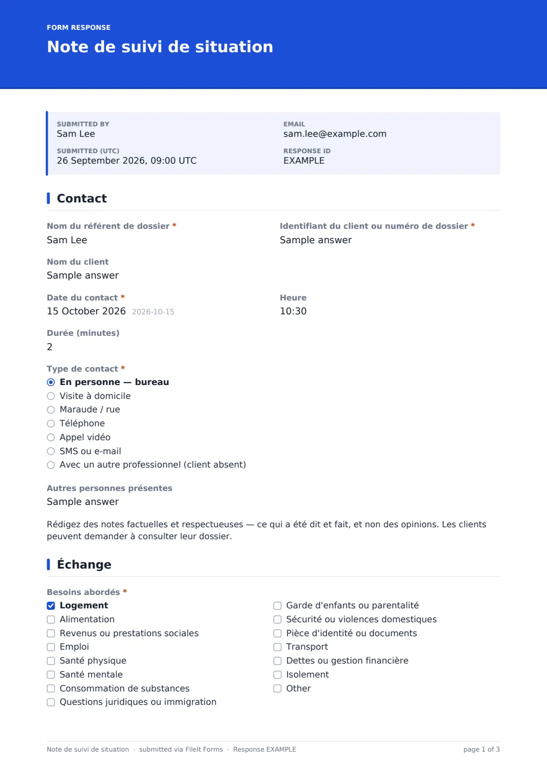 Note de suivi de situation — exemple de réponse au format PDF, page 1 sur 3