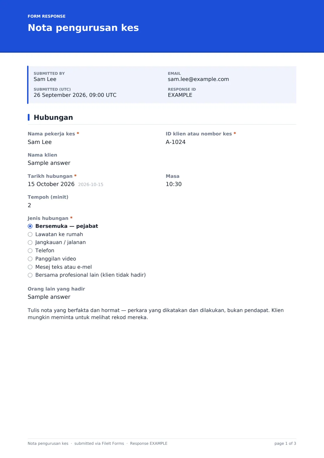 Nota pengurusan kes — PDF respons contoh, halaman 1 daripada 3