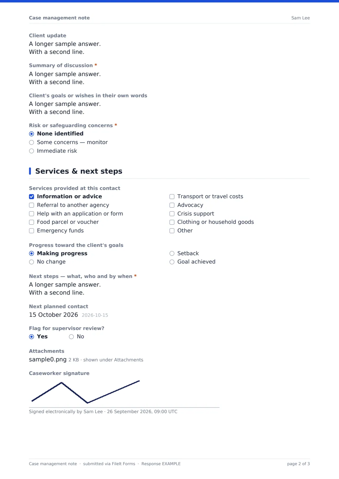 Case management note — example response PDF, page 2 of 3