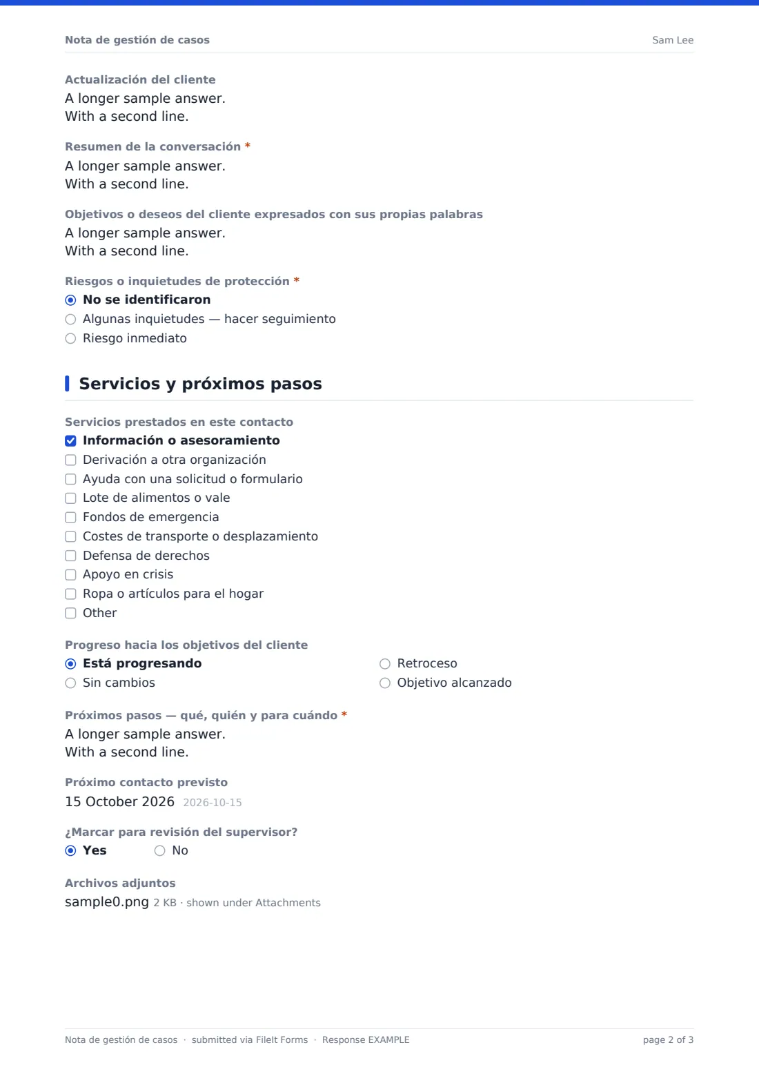 Nota de gestión de casos — PDF de respuesta de ejemplo, página 2 de 3