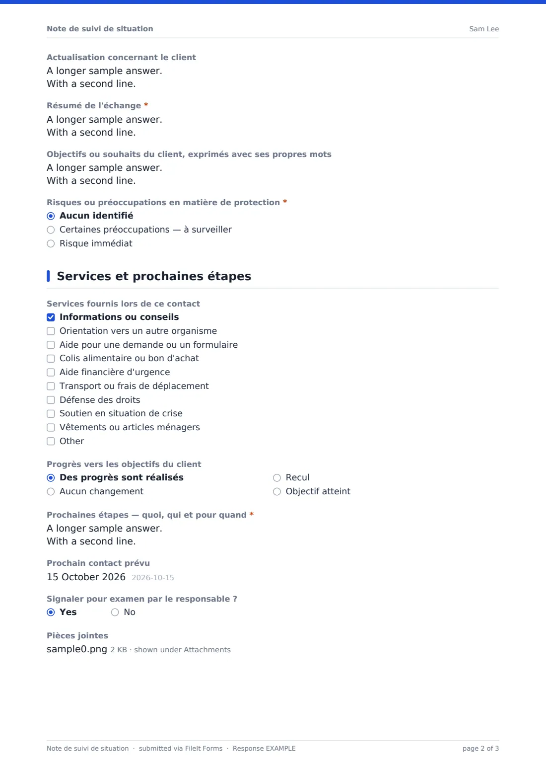 Note de suivi de situation — exemple de réponse au format PDF, page 2 sur 3