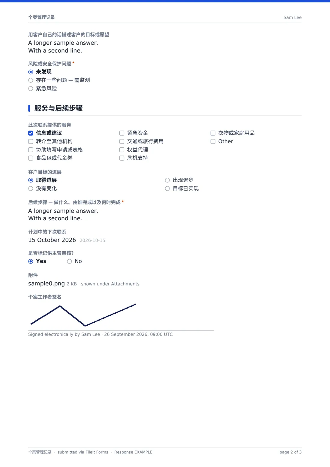 个案管理记录 — 示例回复 PDF，第 2 页，共 3 页