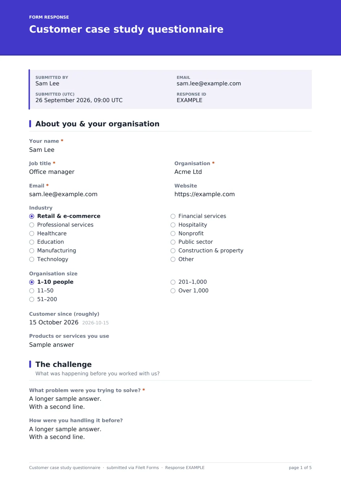 Customer case study questionnaire — example response PDF, page 1 of 5