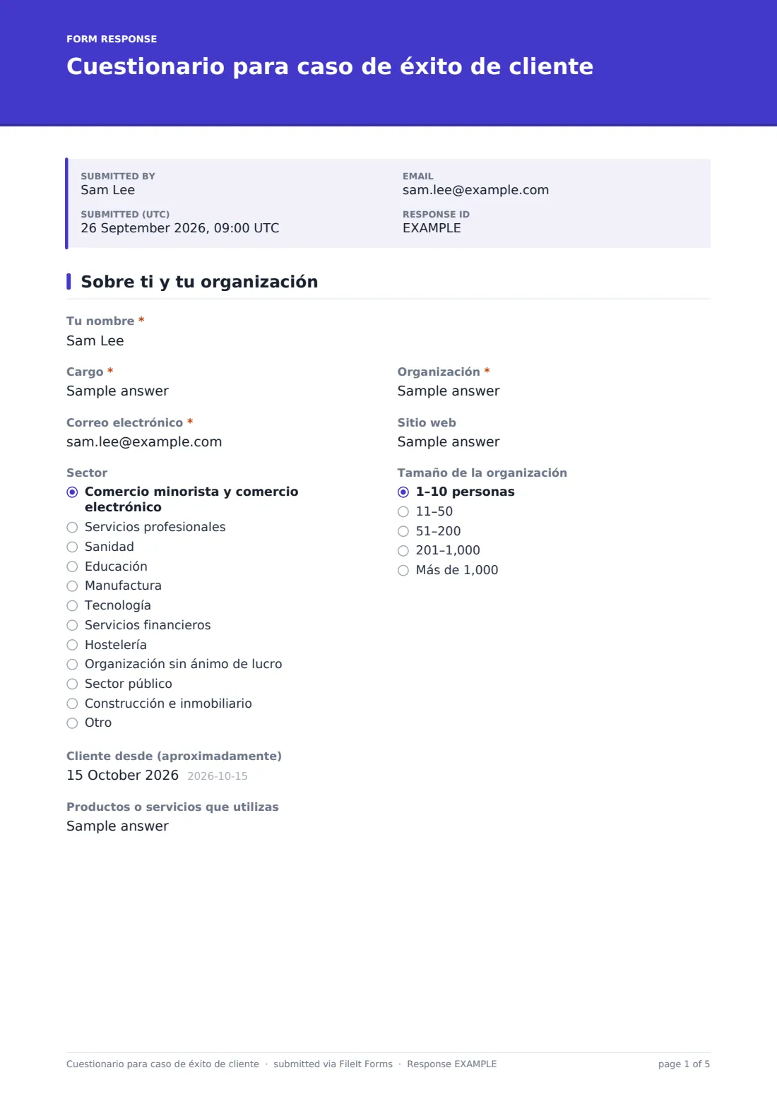 Cuestionario para caso de éxito de cliente — PDF de respuesta de ejemplo, página 1 de 5