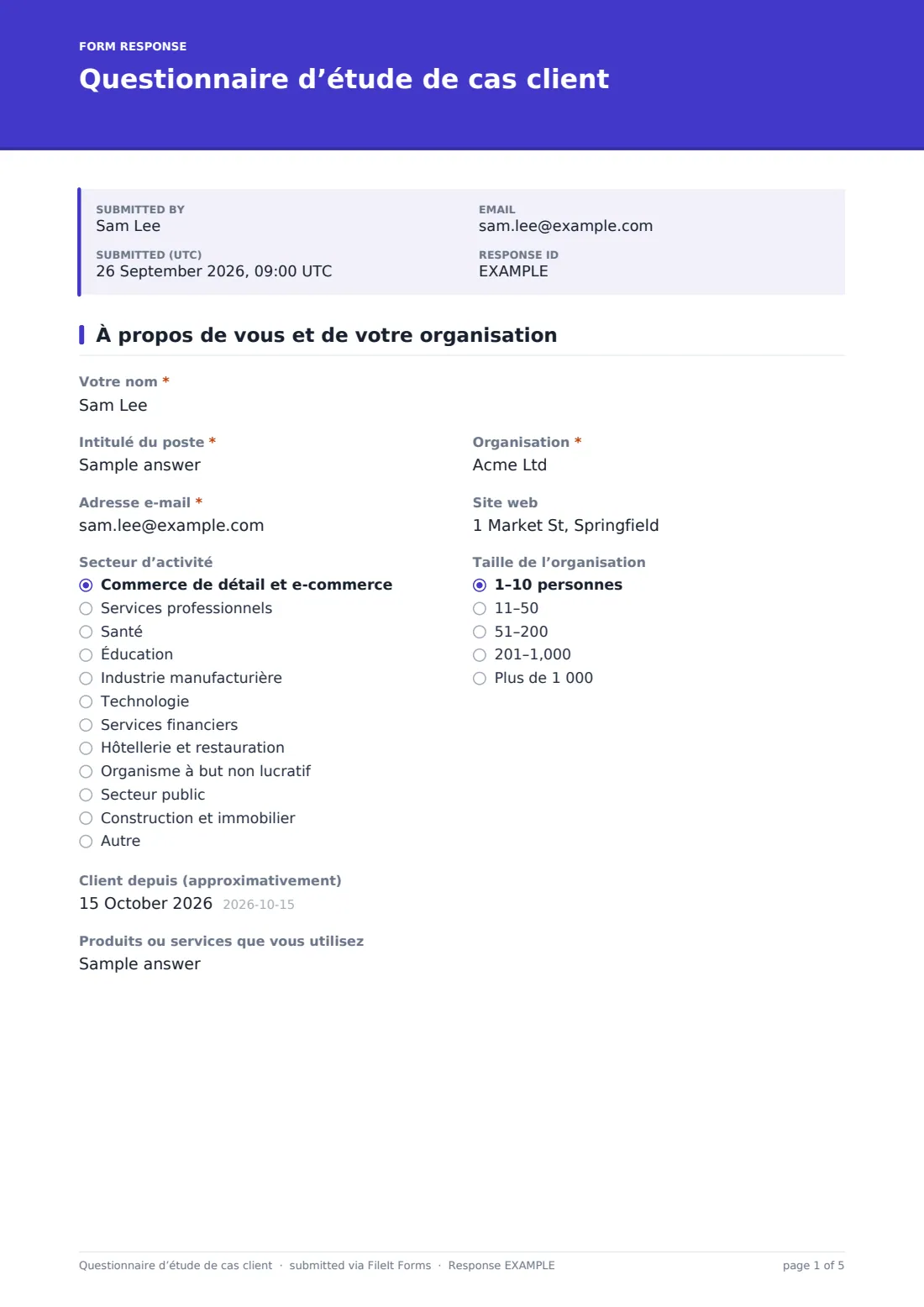 Questionnaire d’étude de cas client — exemple de réponse au format PDF, page 1 sur 5