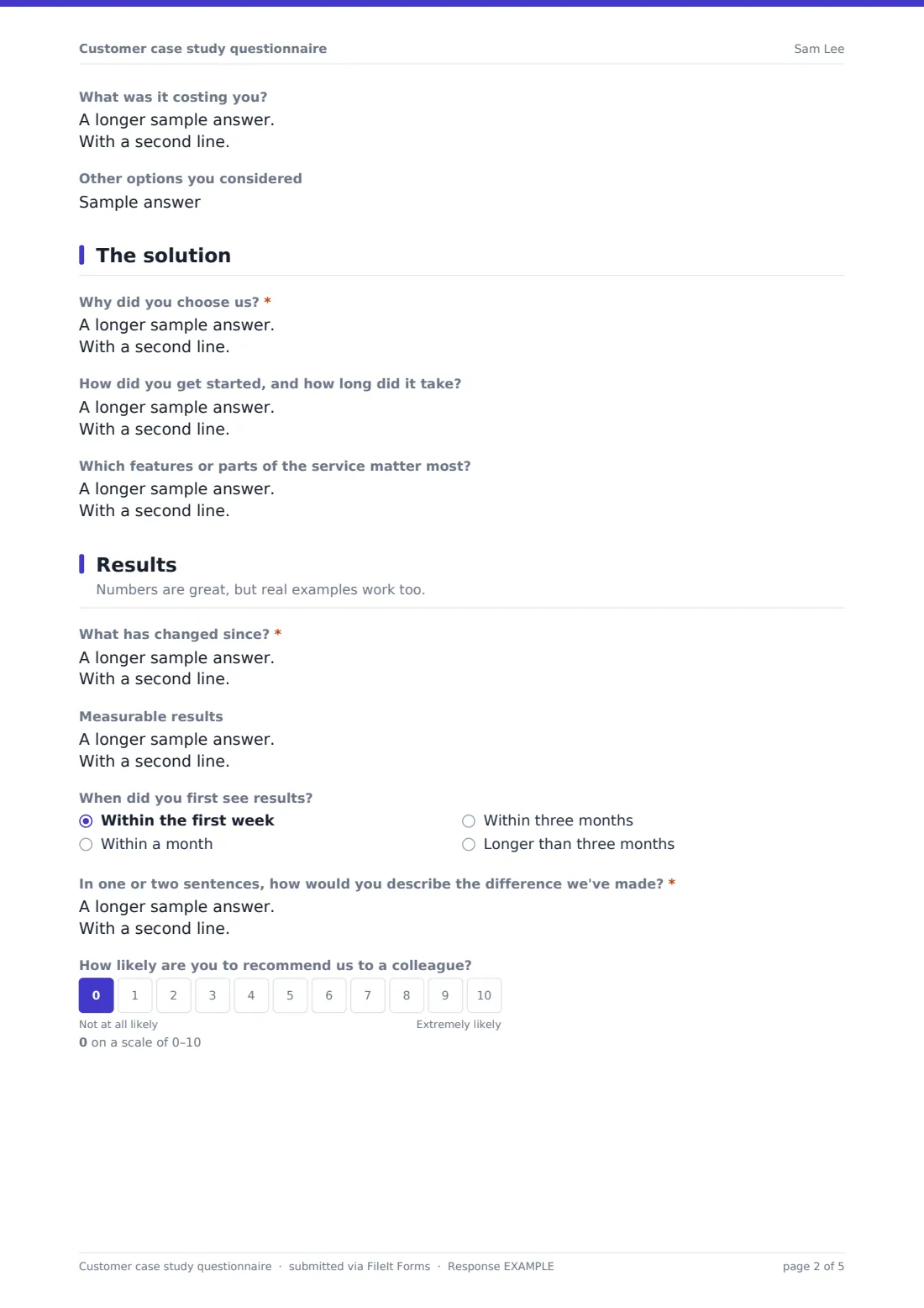 Customer case study questionnaire — example response PDF, page 2 of 5