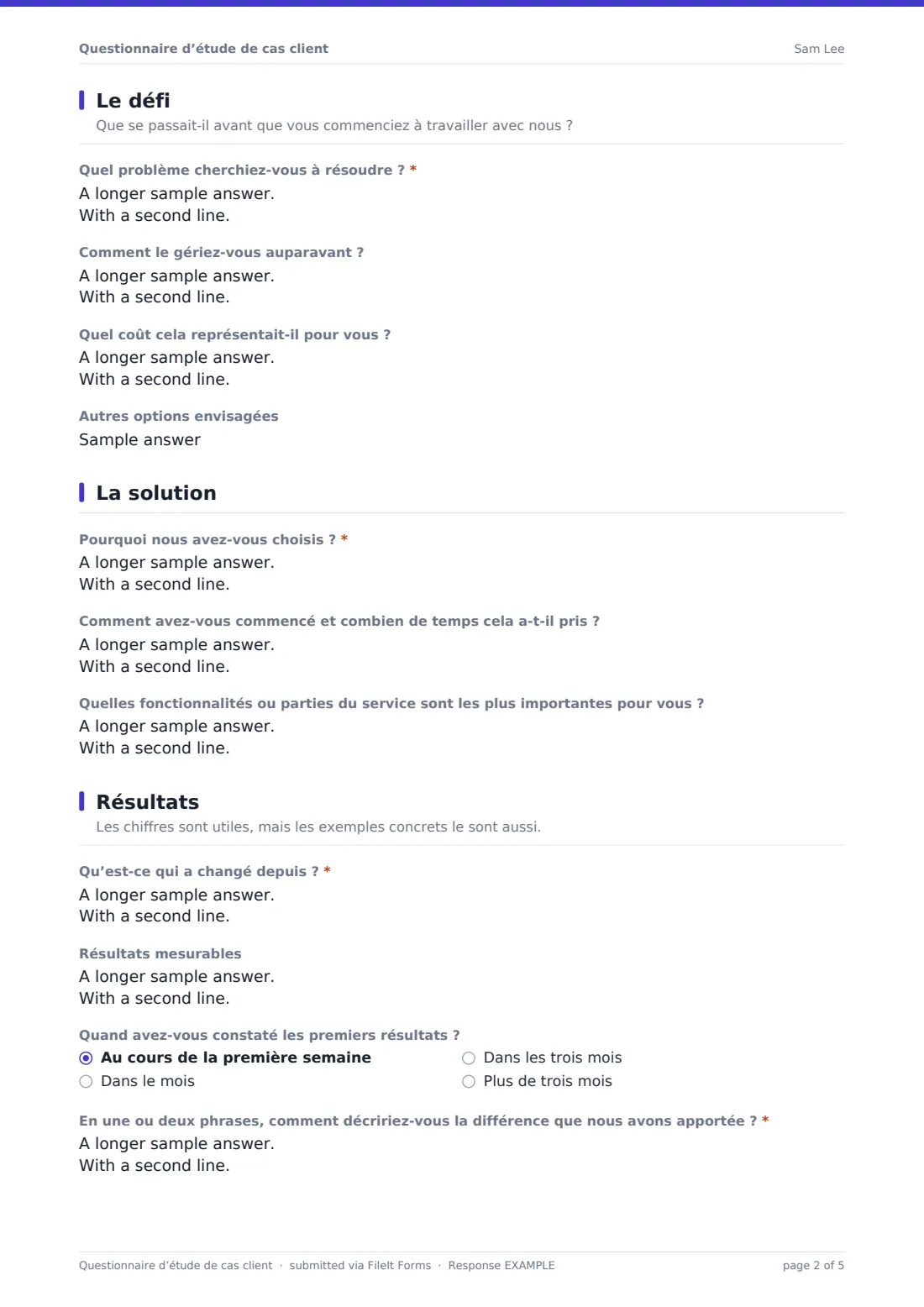 Questionnaire d’étude de cas client — exemple de réponse au format PDF, page 2 sur 5