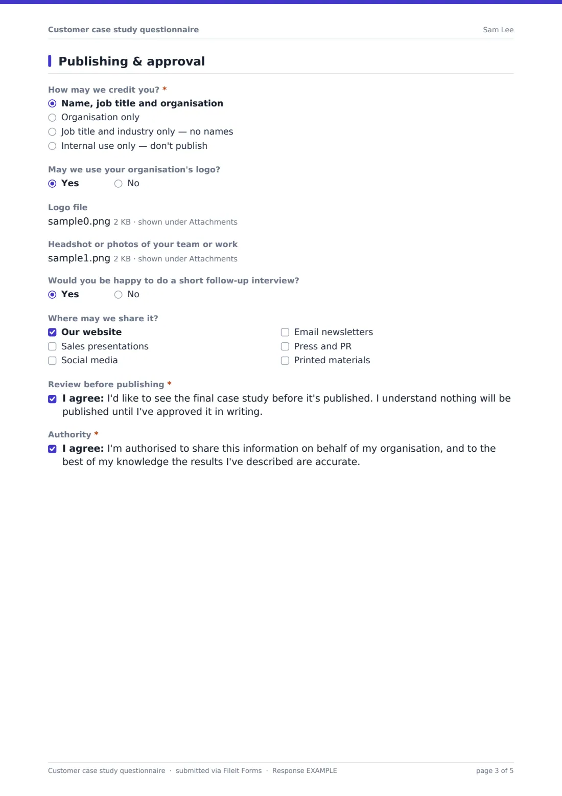 Customer case study questionnaire — example response PDF, page 3 of 5