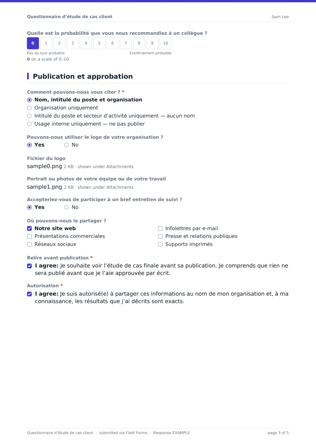 Questionnaire d’étude de cas client — exemple de réponse au format PDF, page 3 sur 5