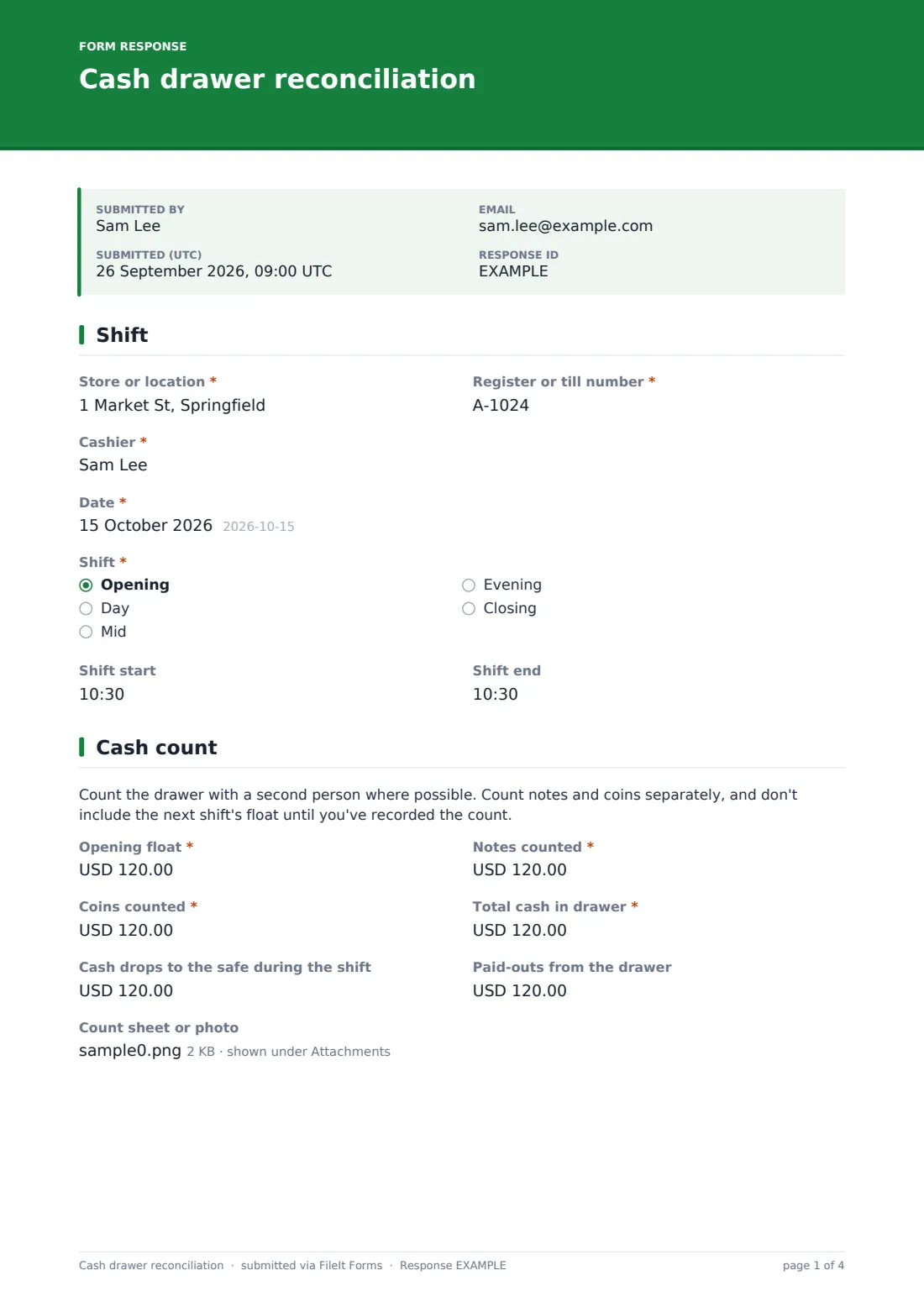 Cash drawer reconciliation — example response PDF, page 1 of 4