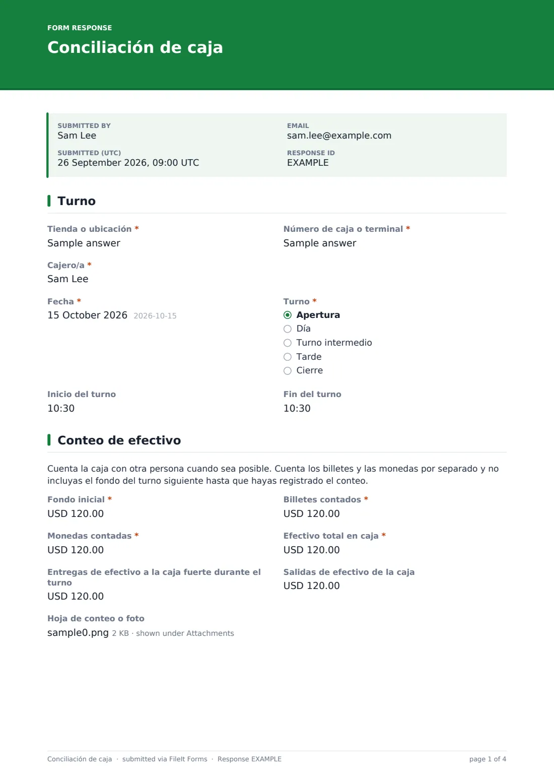Conciliación de caja — PDF de respuesta de ejemplo, página 1 de 4