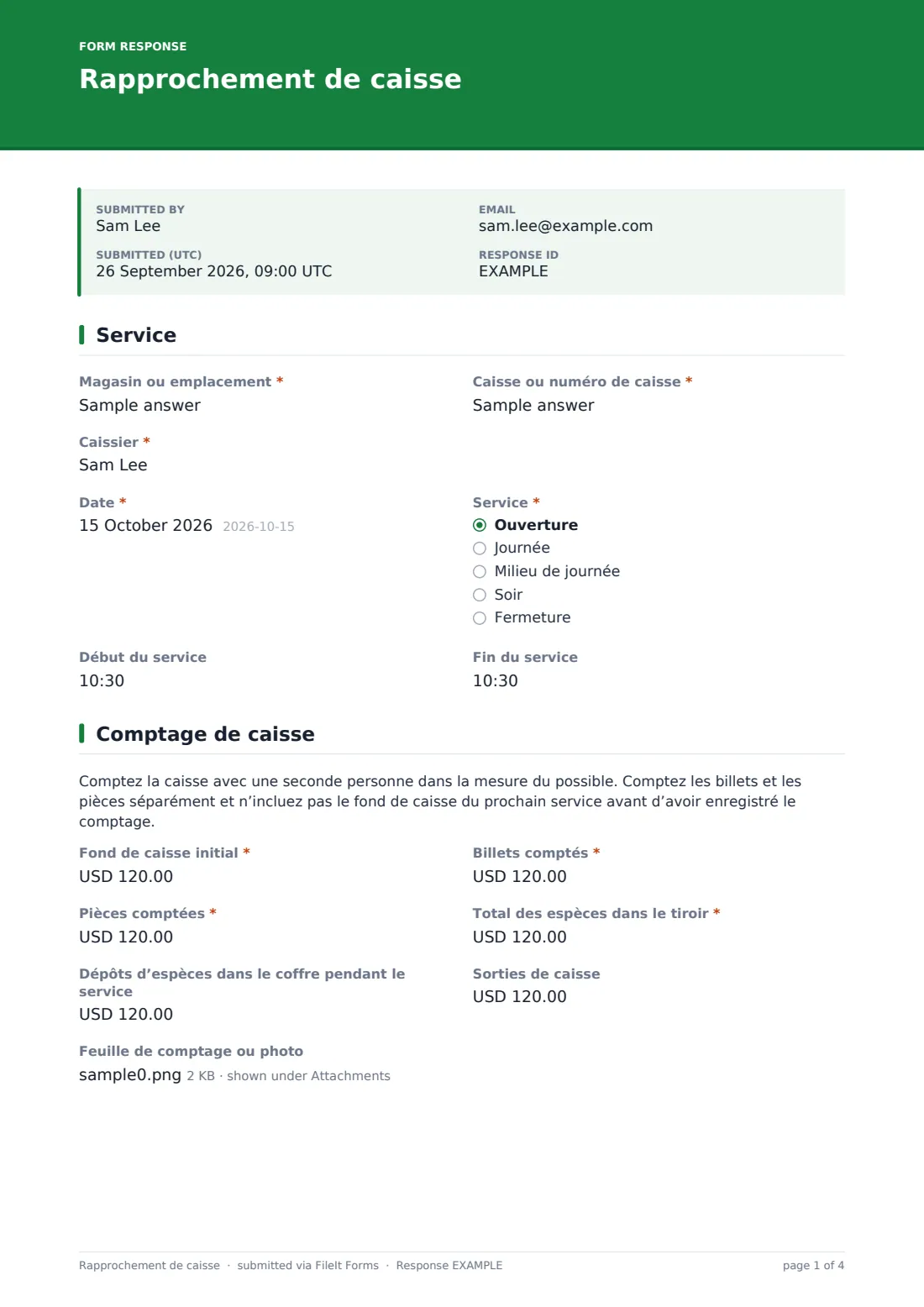 Rapprochement de caisse — exemple de réponse au format PDF, page 1 sur 4