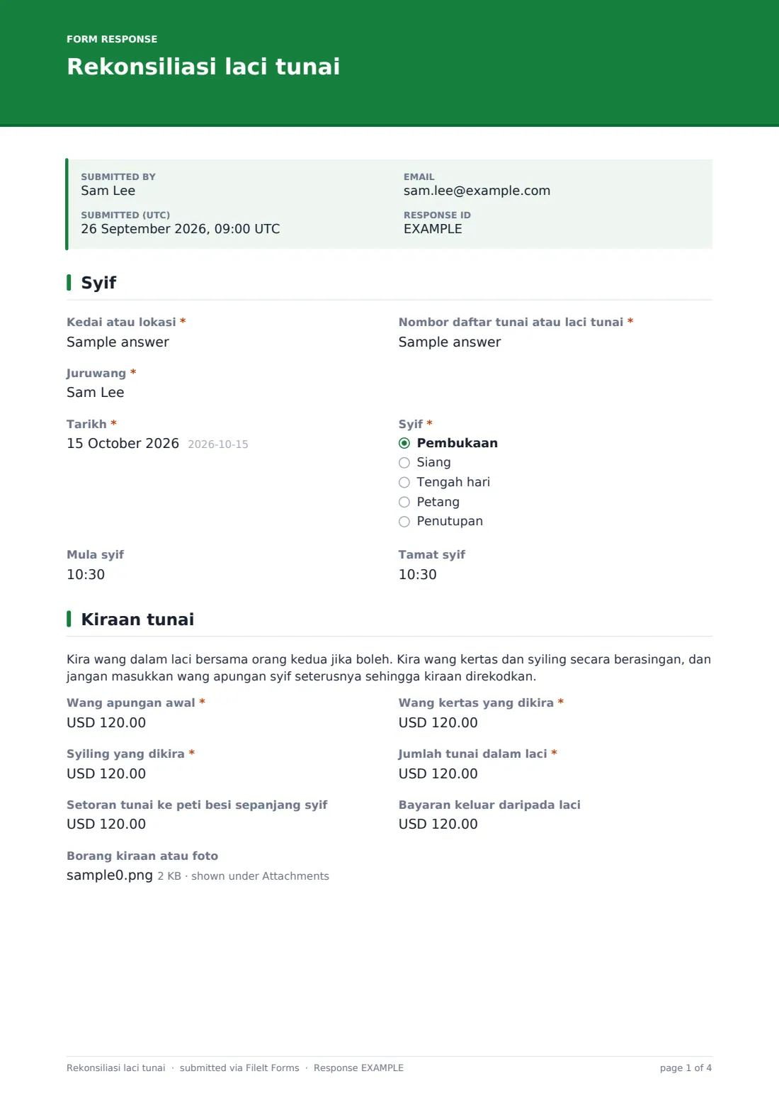 Rekonsiliasi laci tunai — PDF respons contoh, halaman 1 daripada 4