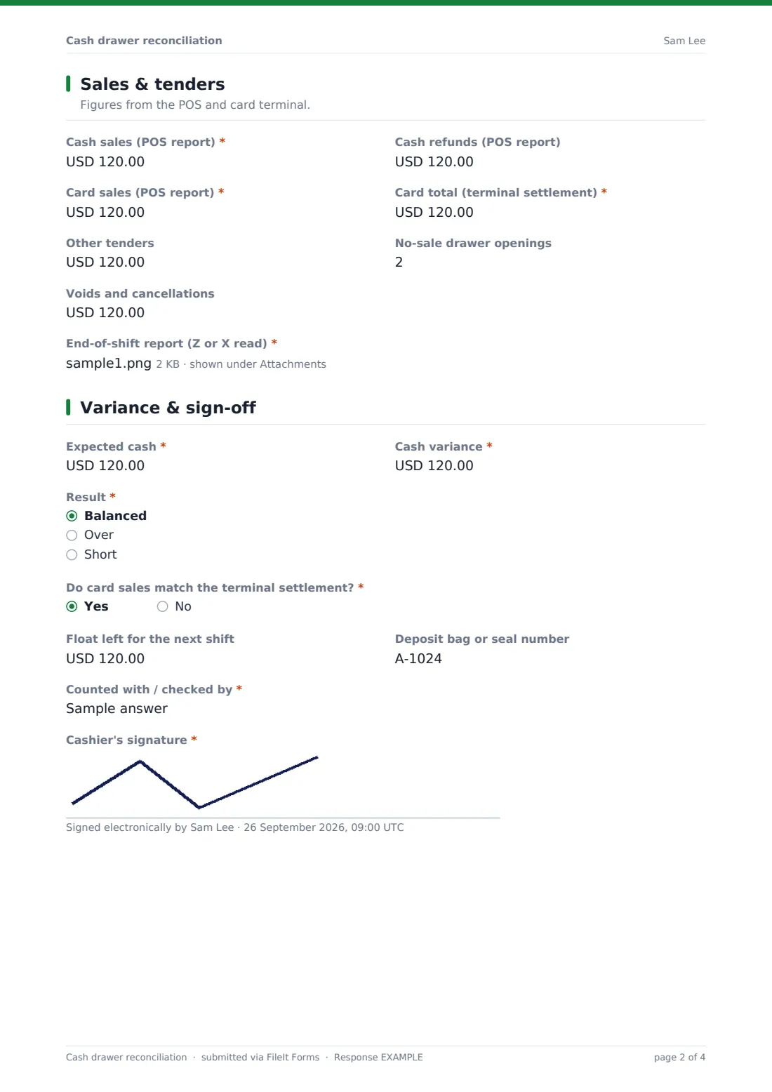 Cash drawer reconciliation — example response PDF, page 2 of 4