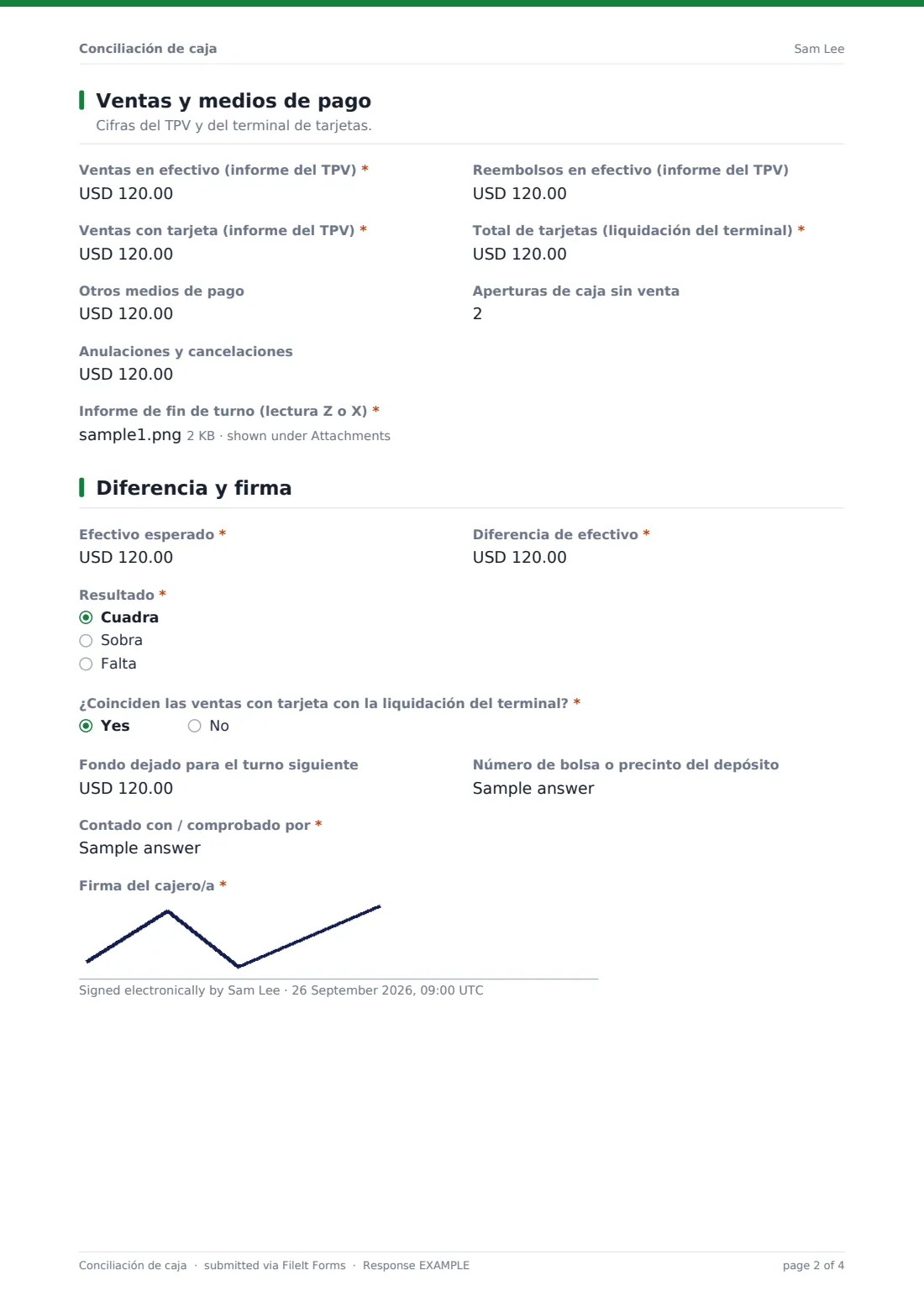 Conciliación de caja — PDF de respuesta de ejemplo, página 2 de 4