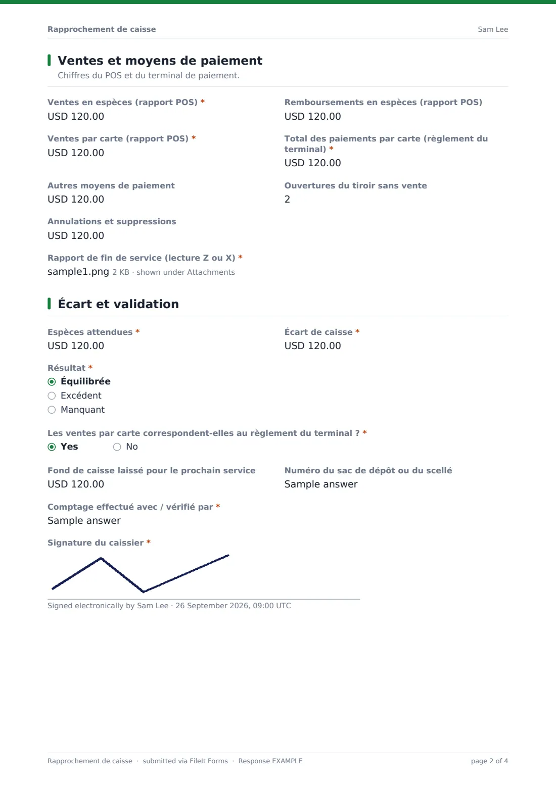 Rapprochement de caisse — exemple de réponse au format PDF, page 2 sur 4