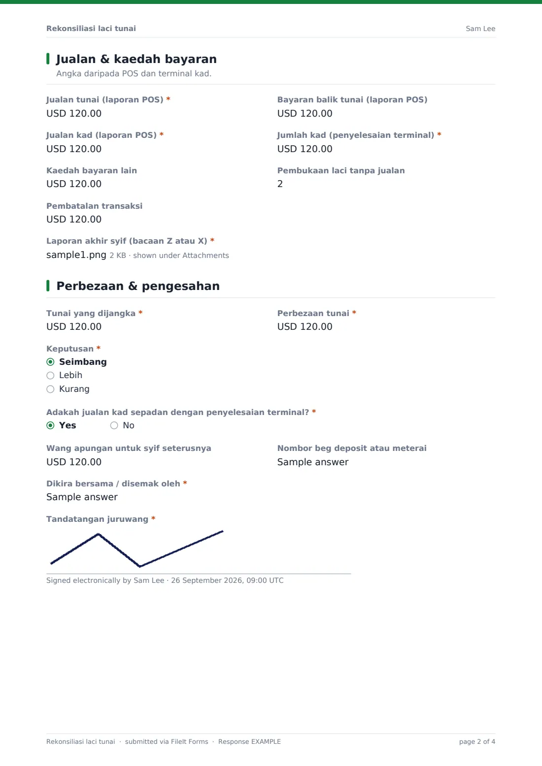 Rekonsiliasi laci tunai — PDF respons contoh, halaman 2 daripada 4