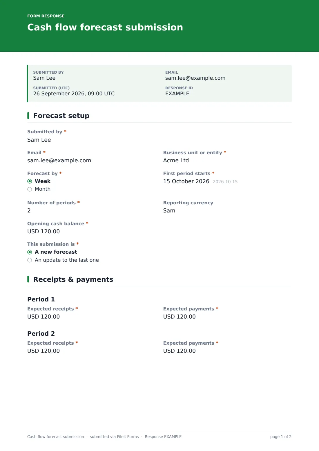 Cash flow forecast submission — example response PDF, page 1 of 2