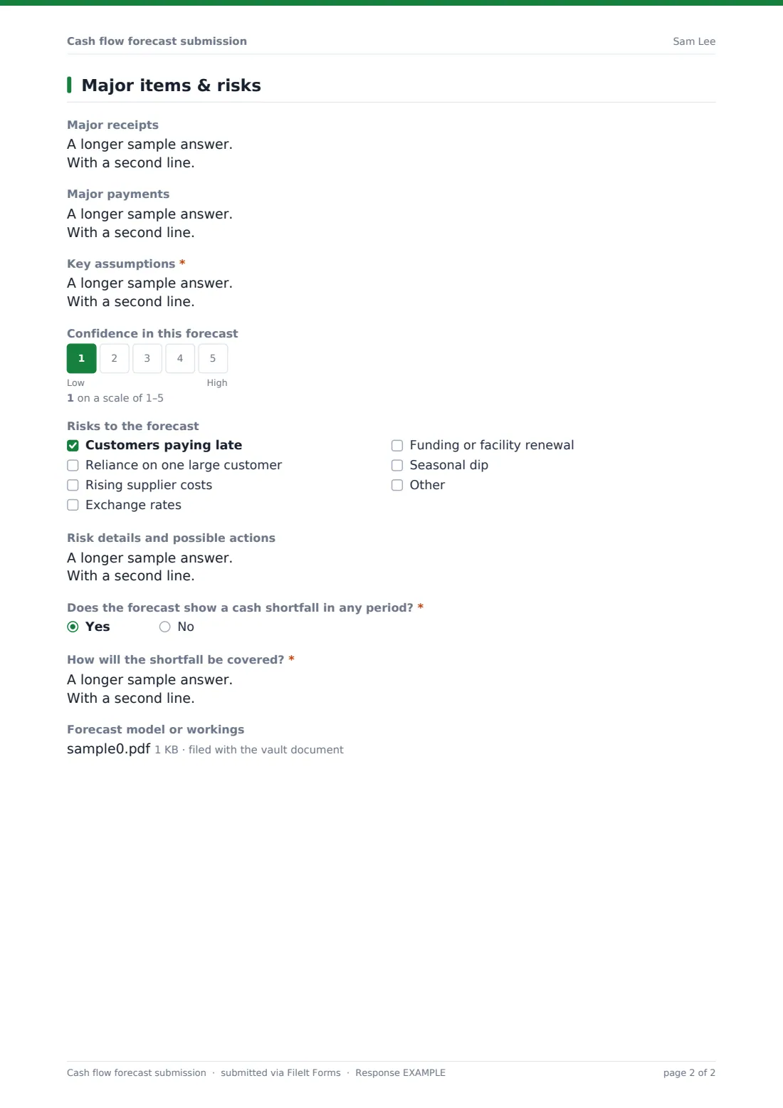 Cash flow forecast submission — example response PDF, page 2 of 2