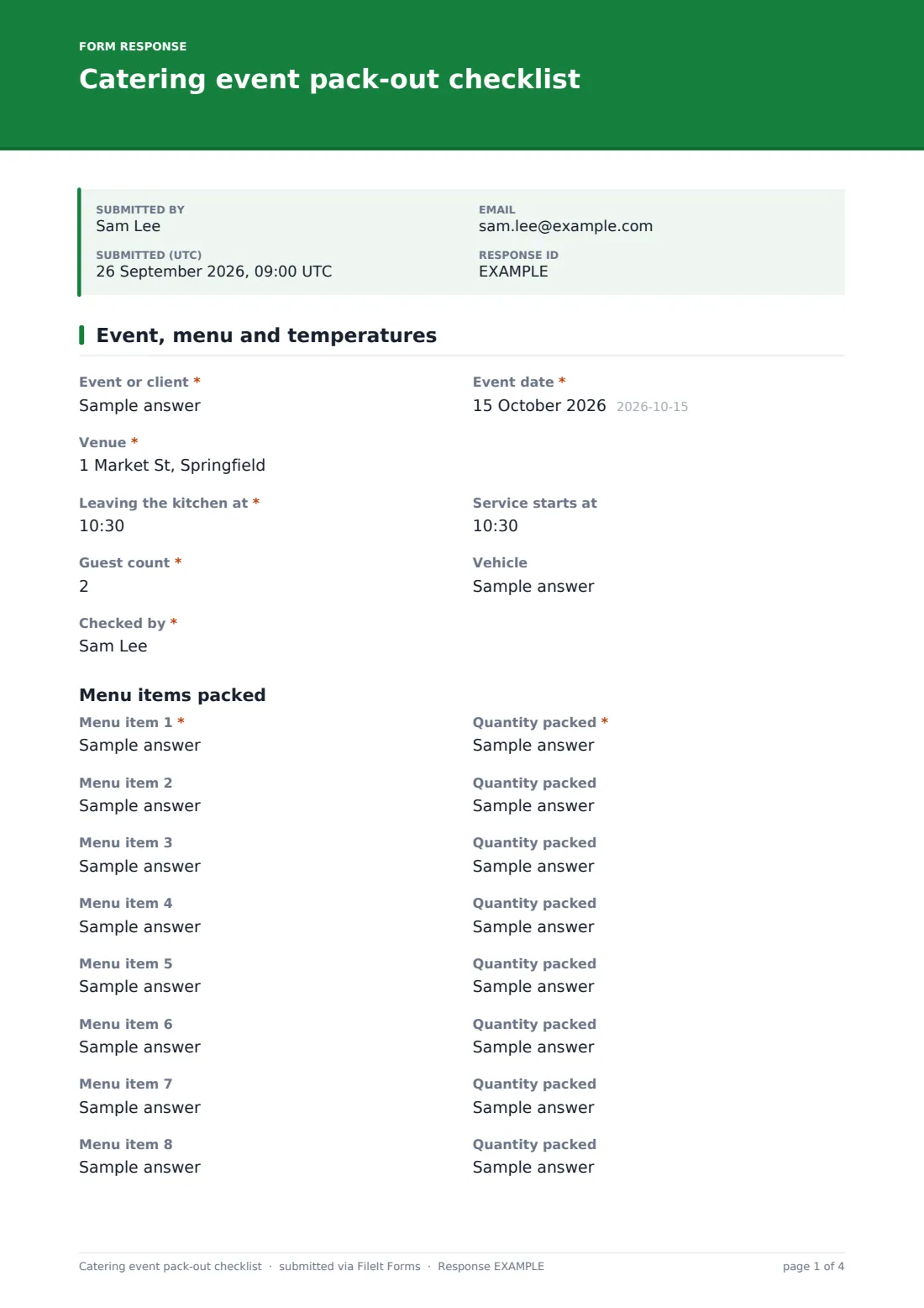 Catering event pack-out checklist — example response PDF, page 1 of 4