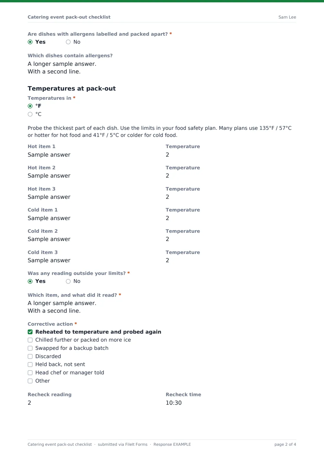 Catering event pack-out checklist — example response PDF, page 2 of 4
