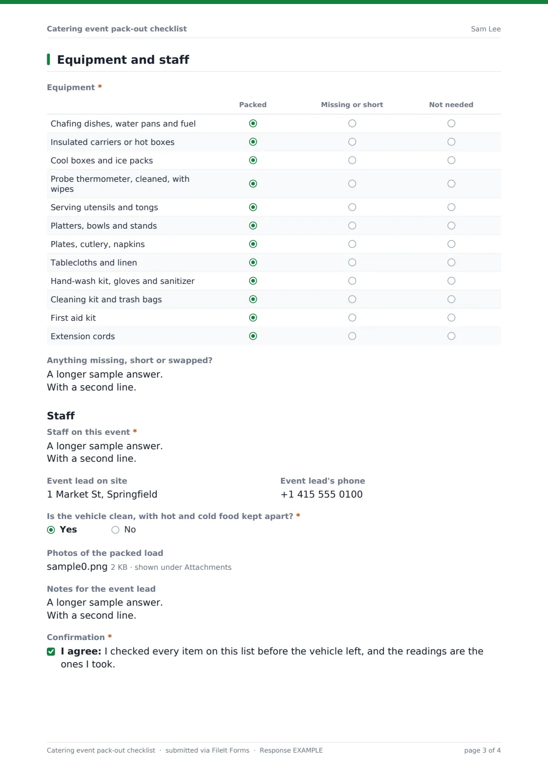 Catering event pack-out checklist — example response PDF, page 3 of 4