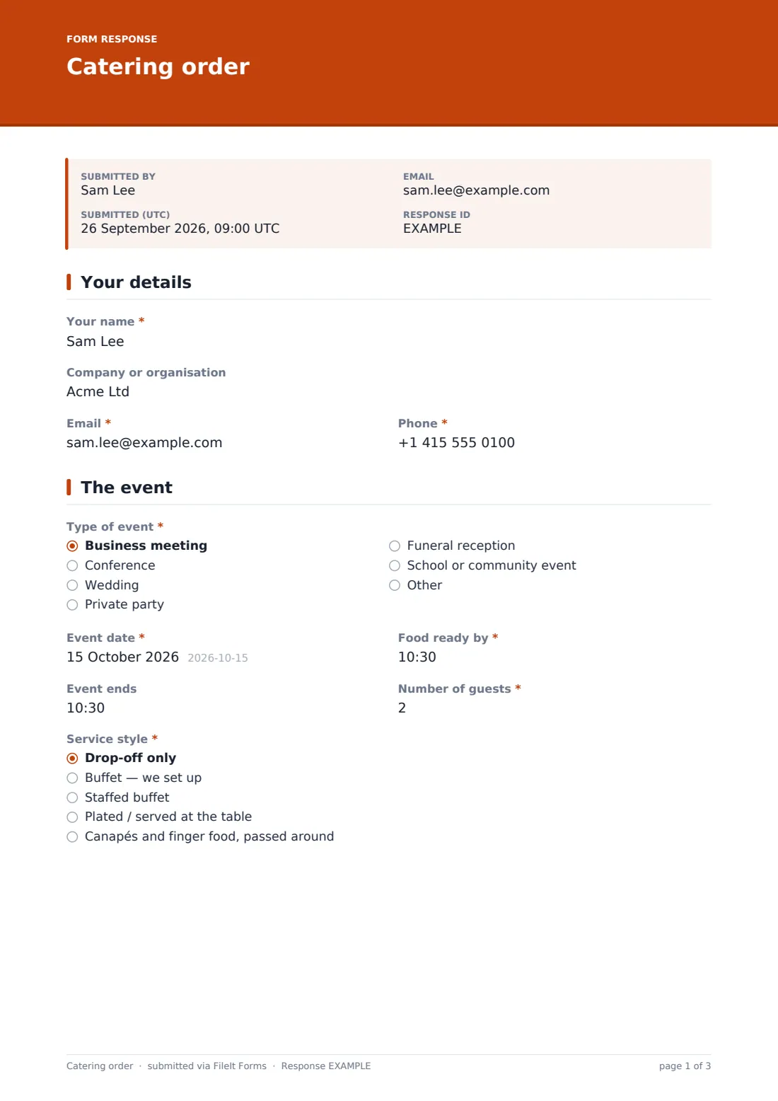 Catering order — example response PDF, page 1 of 3