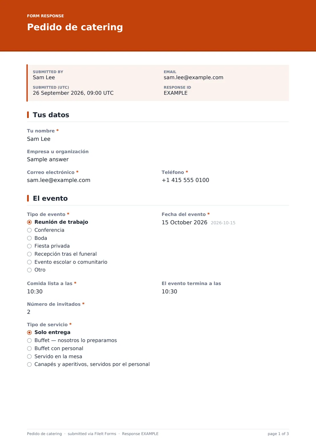 Pedido de catering — PDF de respuesta de ejemplo, página 1 de 3