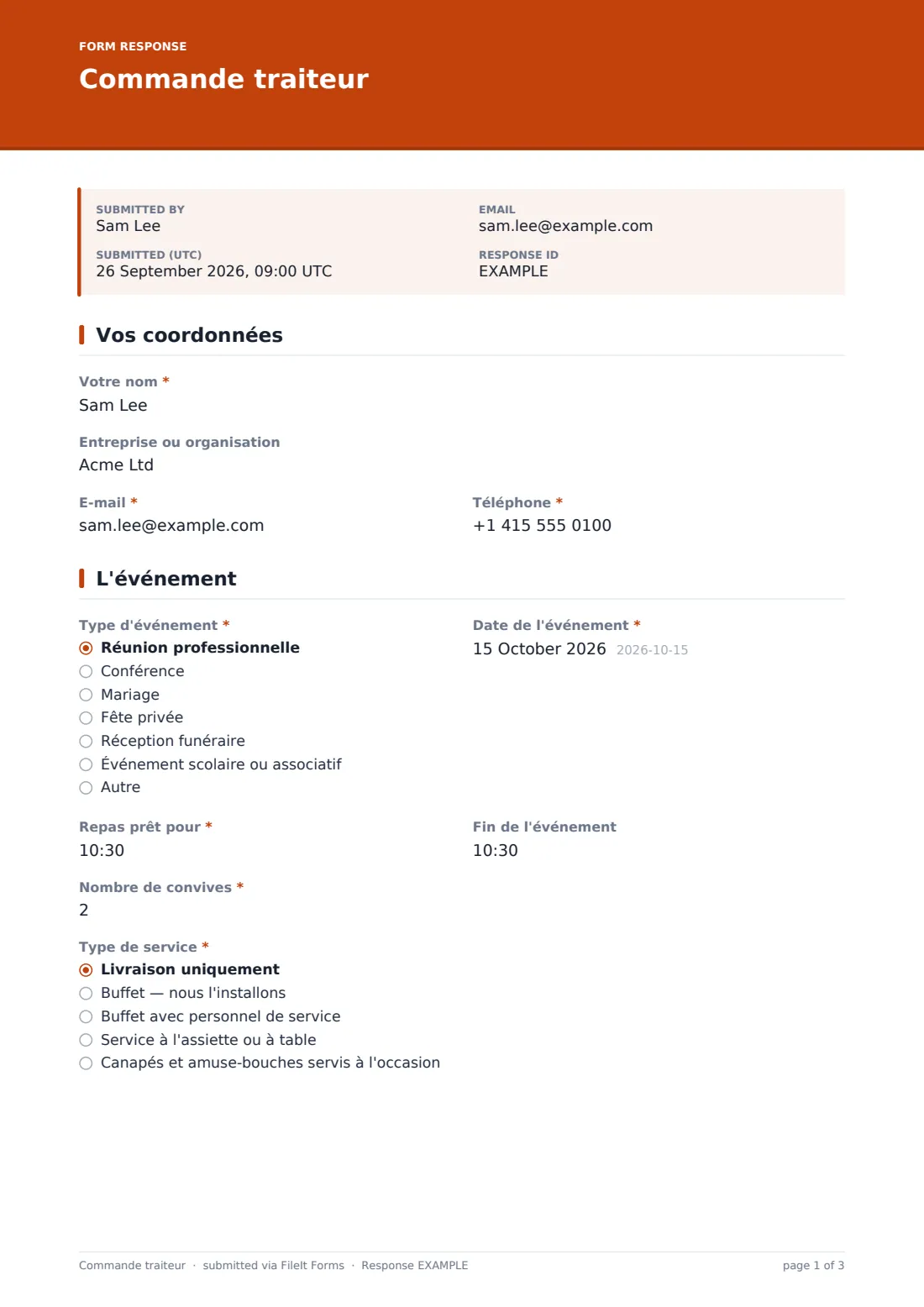 Commande traiteur — exemple de réponse au format PDF, page 1 sur 3
