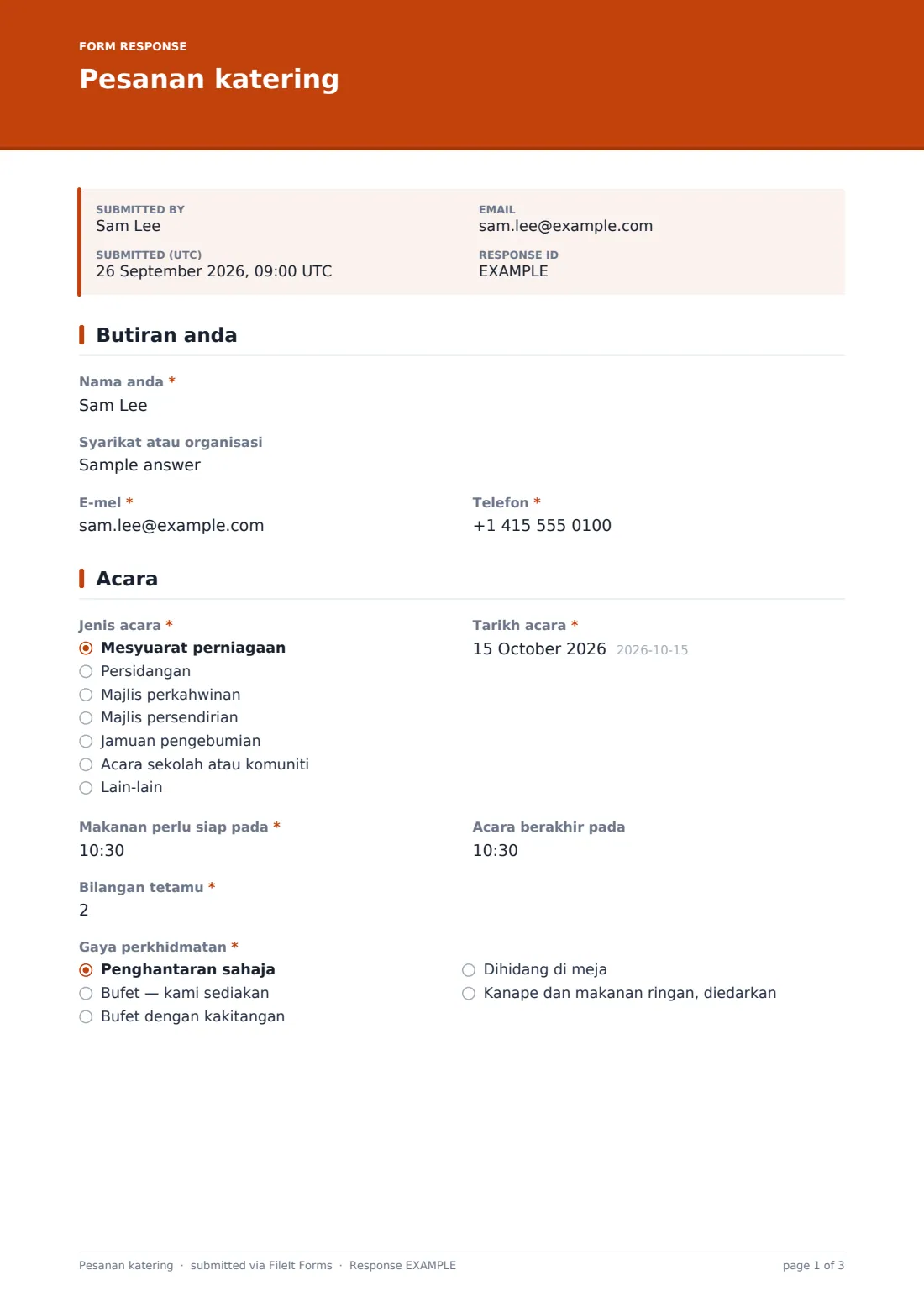 Pesanan katering — PDF respons contoh, halaman 1 daripada 3