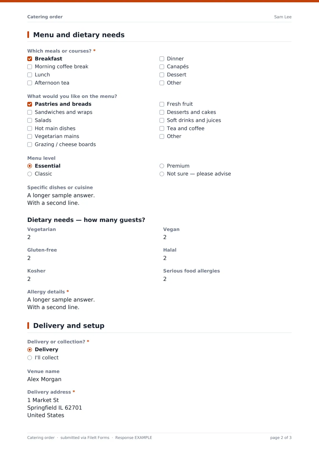 Catering order — example response PDF, page 2 of 3