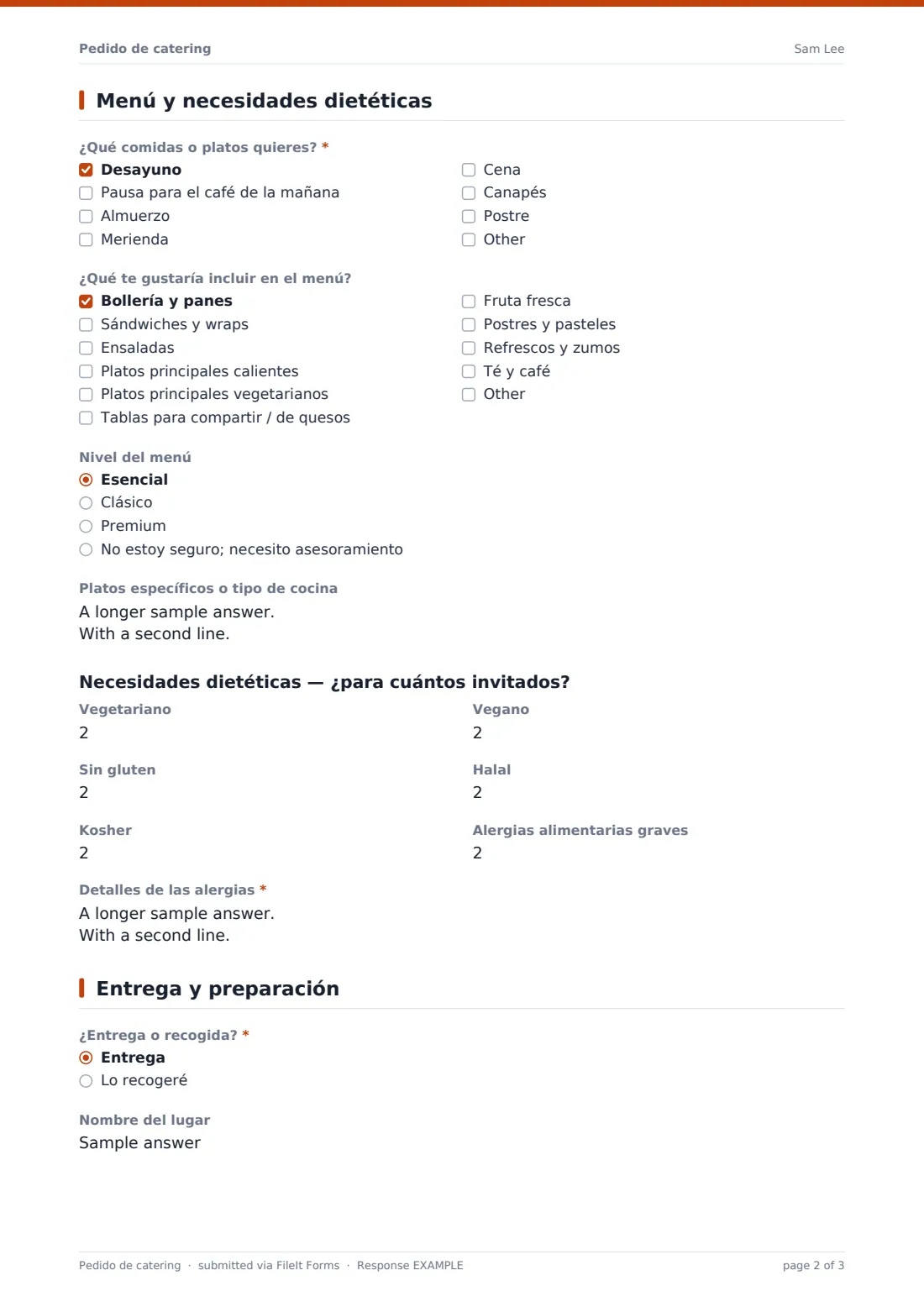 Pedido de catering — PDF de respuesta de ejemplo, página 2 de 3