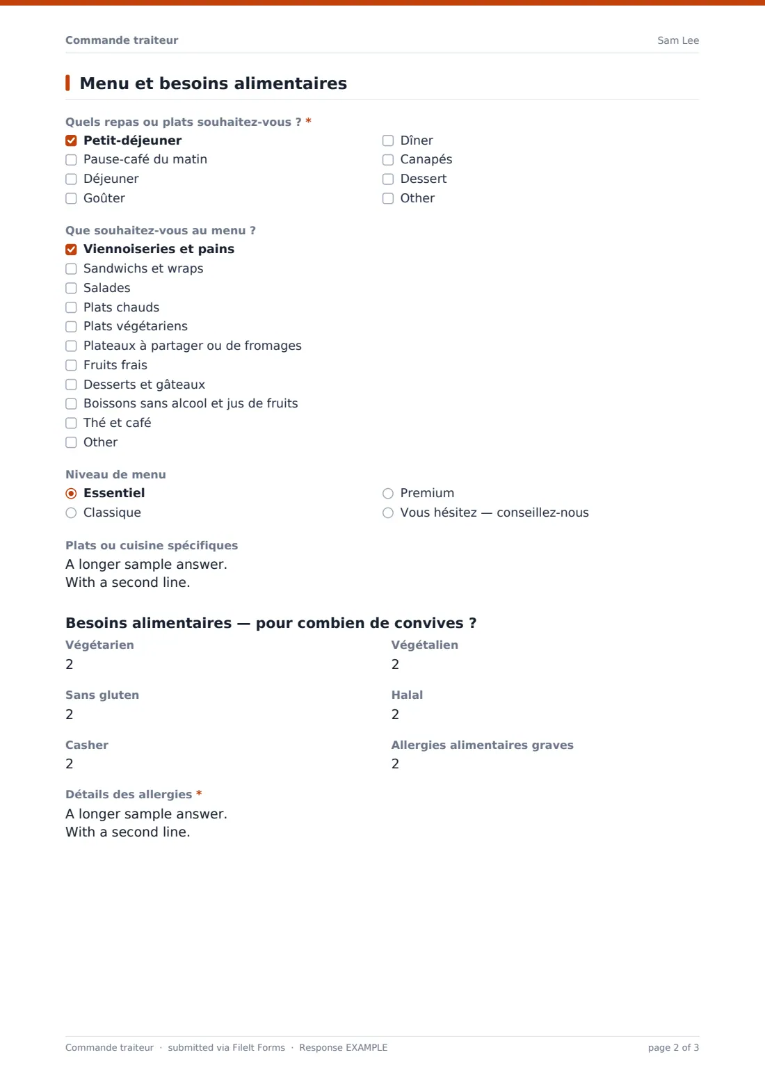 Commande traiteur — exemple de réponse au format PDF, page 2 sur 3