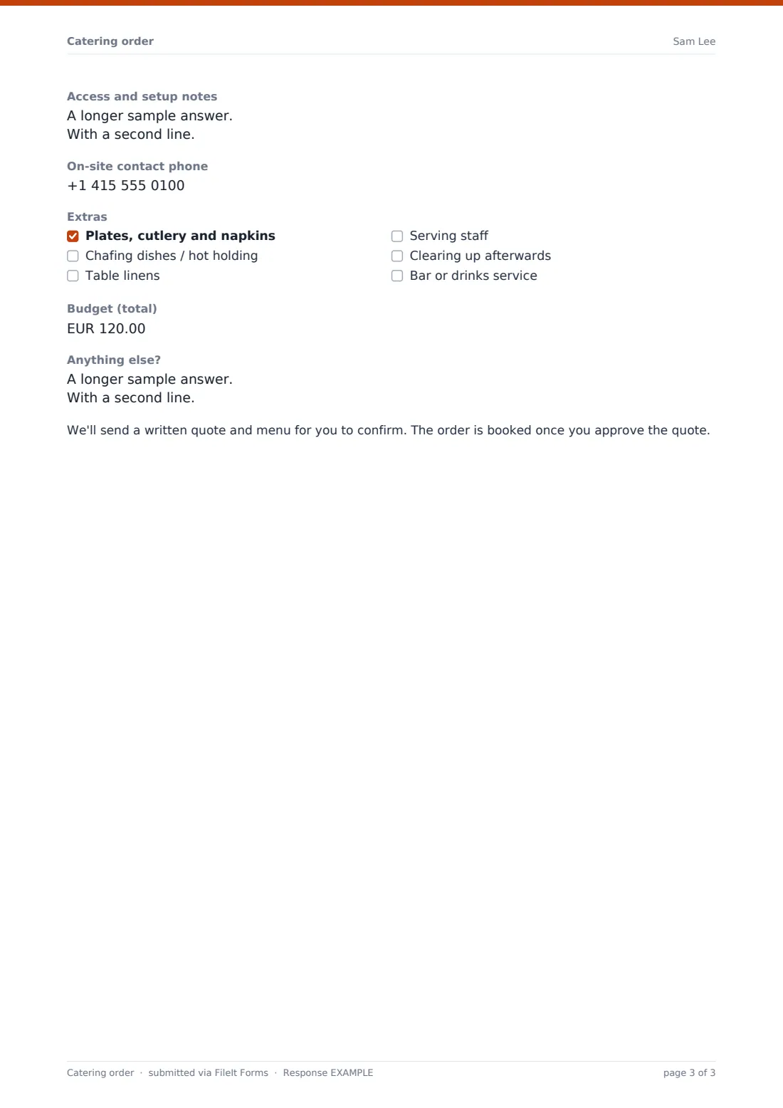 Catering order — example response PDF, page 3 of 3
