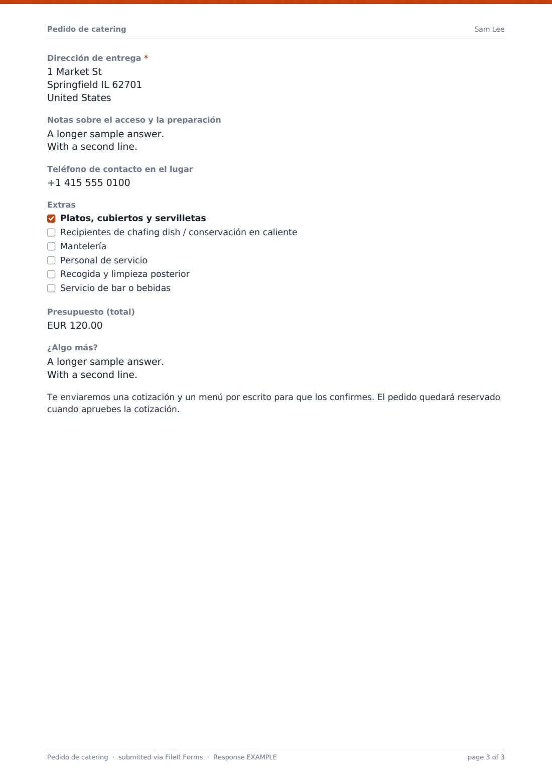 Pedido de catering — PDF de respuesta de ejemplo, página 3 de 3