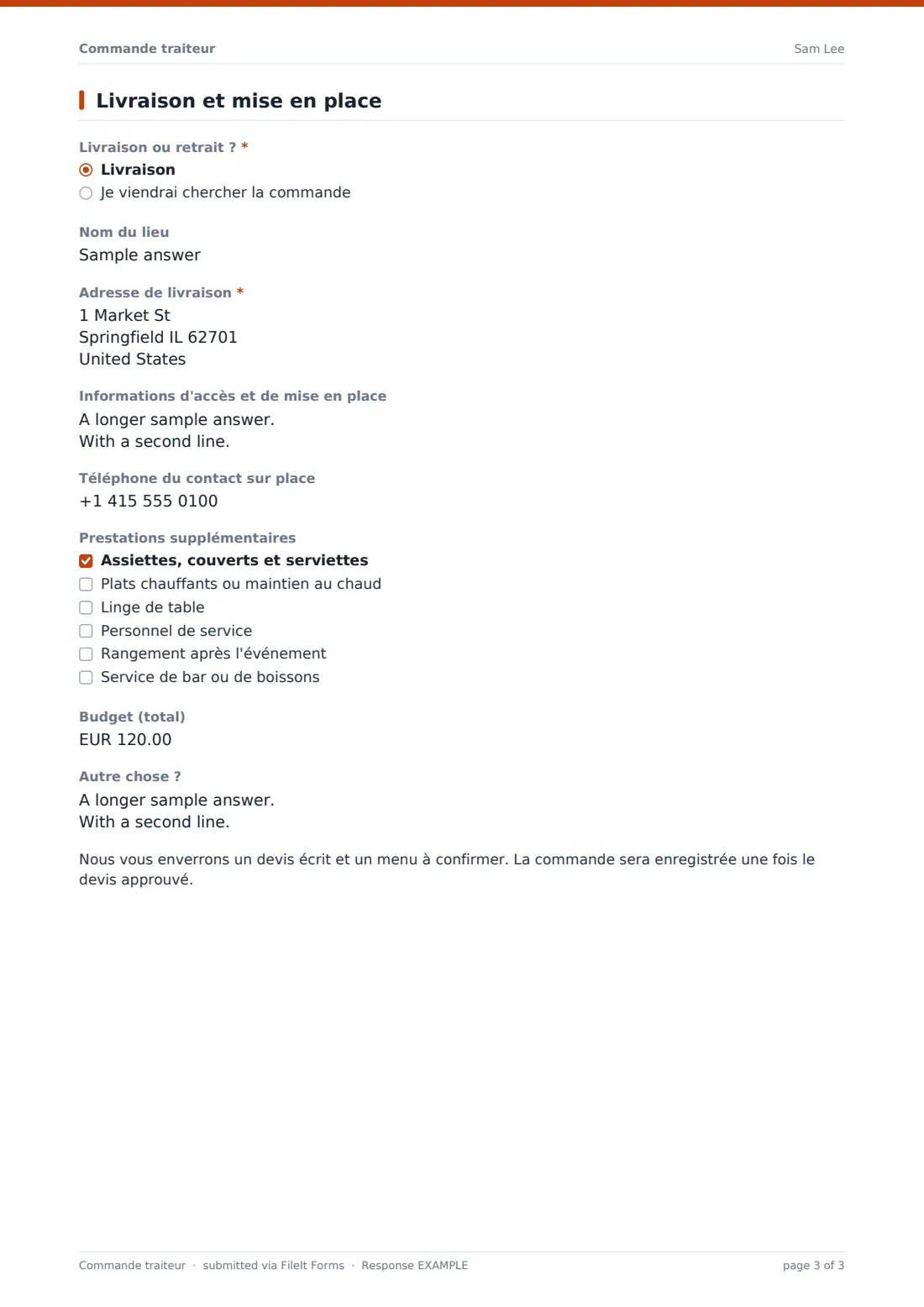 Commande traiteur — exemple de réponse au format PDF, page 3 sur 3