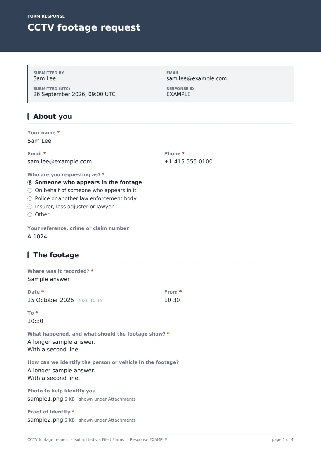CCTV footage request — example response PDF, page 1 of 4