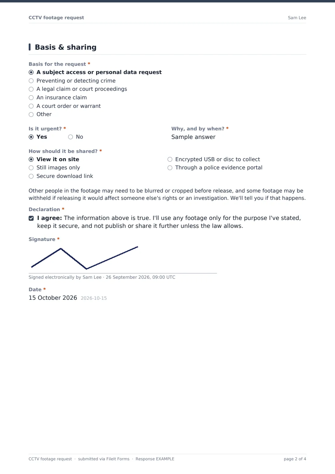 CCTV footage request — example response PDF, page 2 of 4