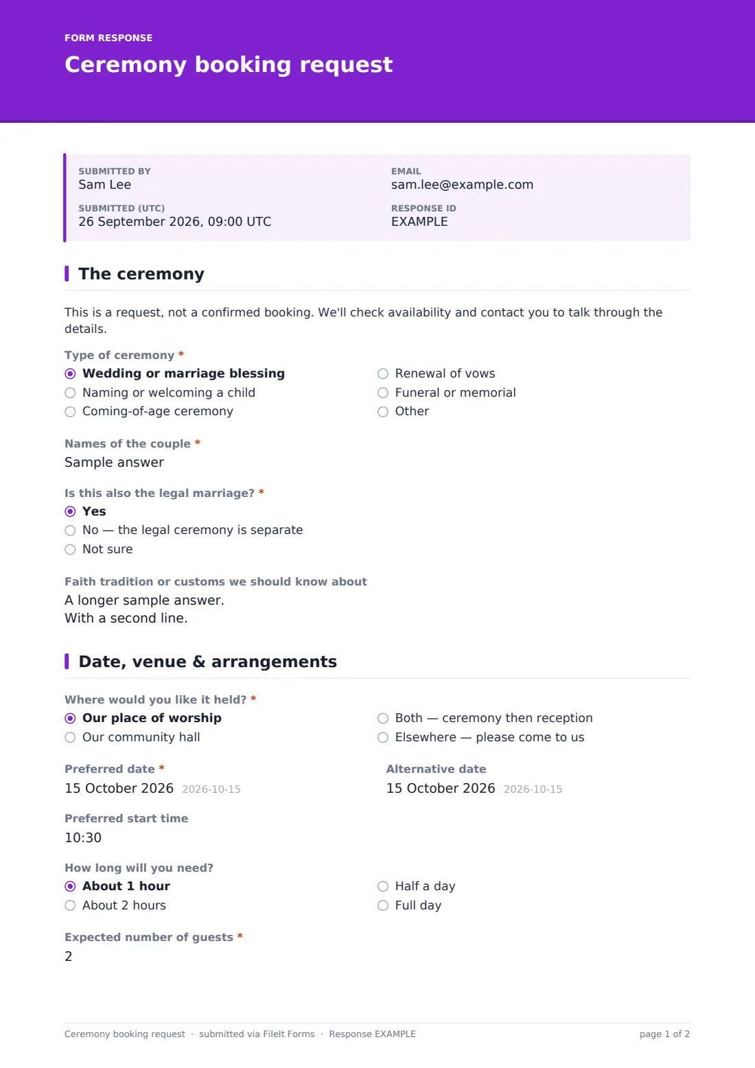Ceremony booking request — example response PDF, page 1 of 2