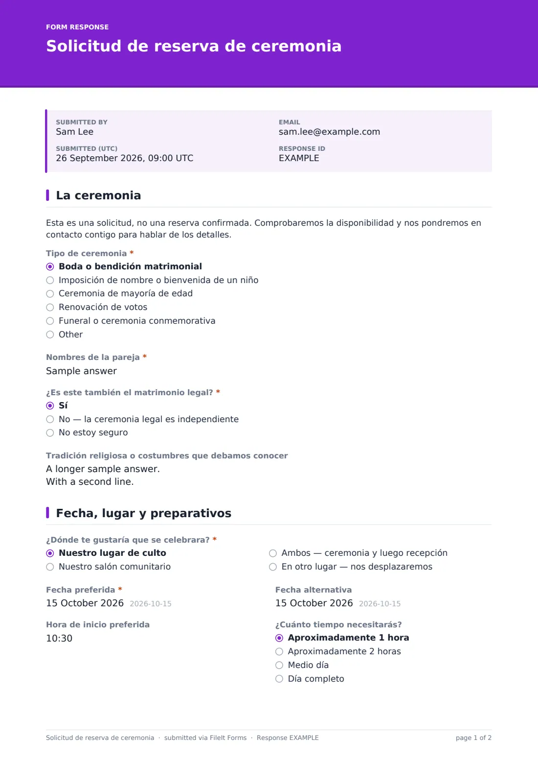 Solicitud de reserva de ceremonia — PDF de respuesta de ejemplo, página 1 de 2